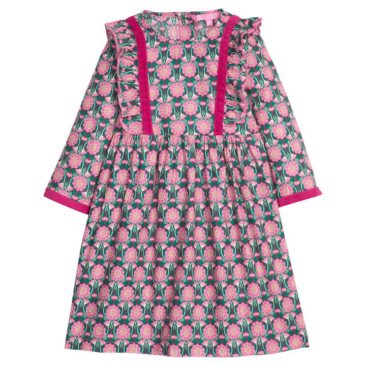 Girls/tween woven 3/4 length sleeve dress in a green/pink floral pattern. Dress features button closures at back, ruffle detail along outside of bust, and a cranberry velvet trim detail along ruffles and sleeve ends to elevate the look. 