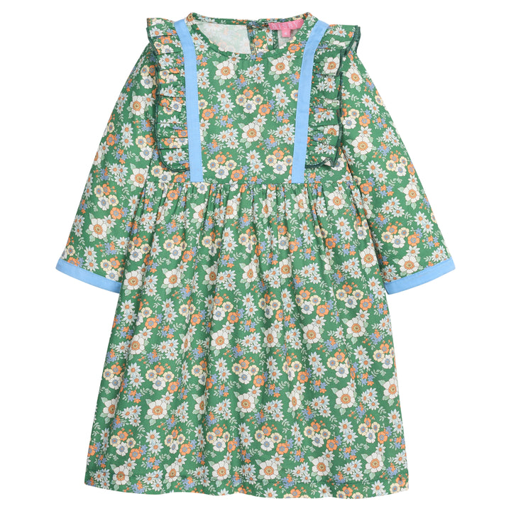 Girls/tween woven 3/4 length sleeve dress in a green/blue/orange floral pattern. Dress features button closures at back, ruffle detail along outside of bust, and a blue velvet  trim detail along ruffles and sleeve ends to elevate the look. 