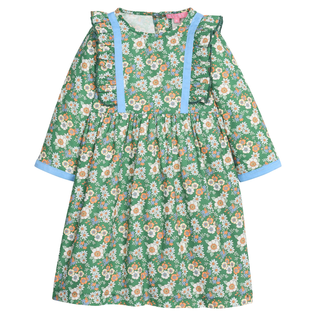 Girls/tween woven 3/4 length sleeve dress in a green/blue/orange floral pattern. Dress features button closures at back, ruffle detail along outside of bust, and a blue velvet  trim detail along ruffles and sleeve ends to elevate the look. 