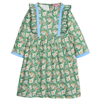 Girls/tween woven 3/4 length sleeve dress in a green/blue/orange floral pattern. Dress features button closures at back, ruffle detail along outside of bust, and a blue velvet  trim detail along ruffles and sleeve ends to elevate the look. 