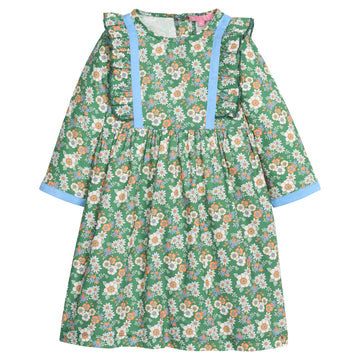 Girls/tween woven 3/4 length sleeve dress in a green/blue/orange floral pattern. Dress features button closures at back, ruffle detail along outside of bust, and a blue velvet  trim detail along ruffles and sleeve ends to elevate the look. 
