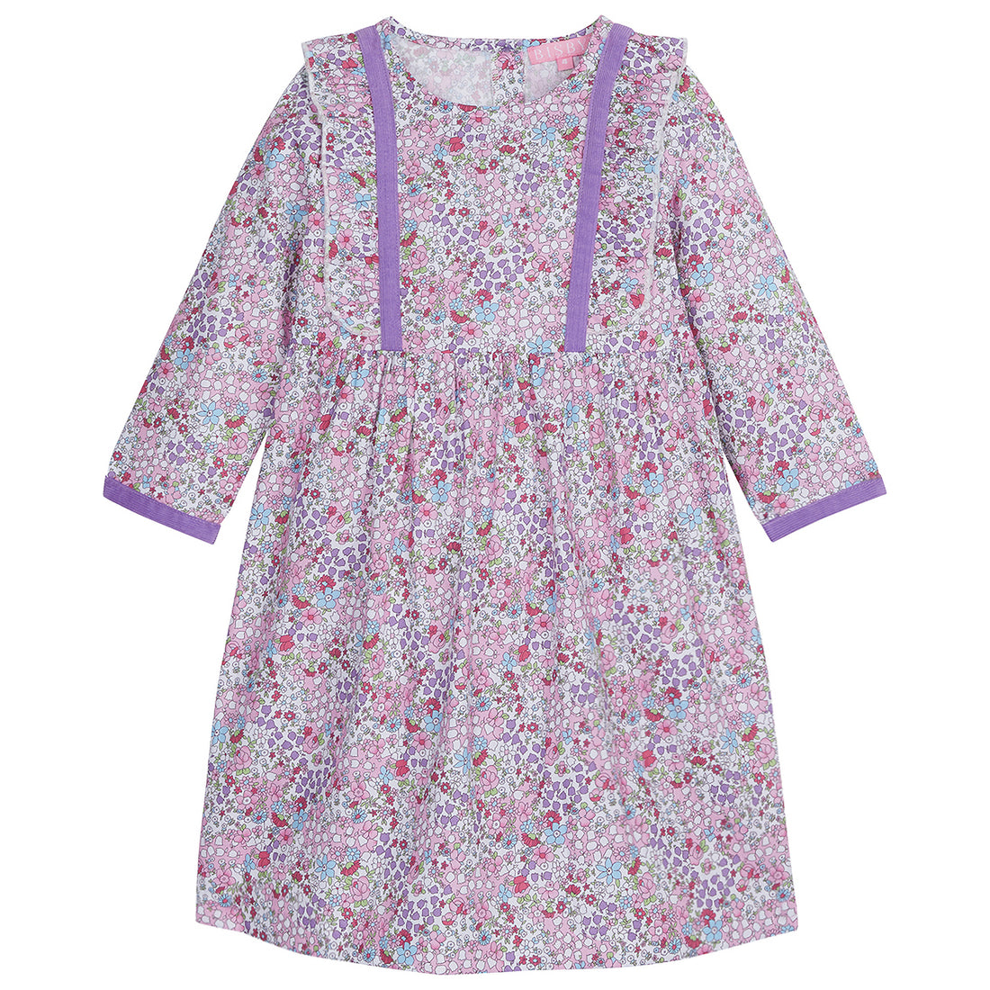 Dress with mainly purple and pink floral pattern, has ruffles around bust area and purple trim around the cuffs of dress--PortoDress for girls BISBY