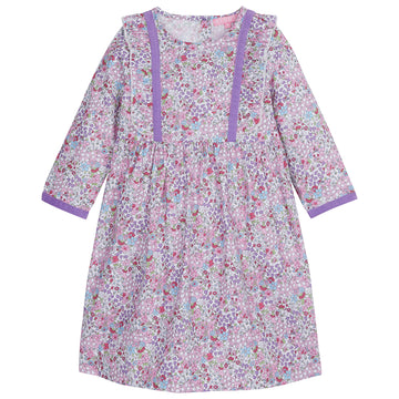 Dress with mainly purple and pink floral pattern, has ruffles around bust area and purple trim around the cuffs of dress--PortoDress for girls BISBY