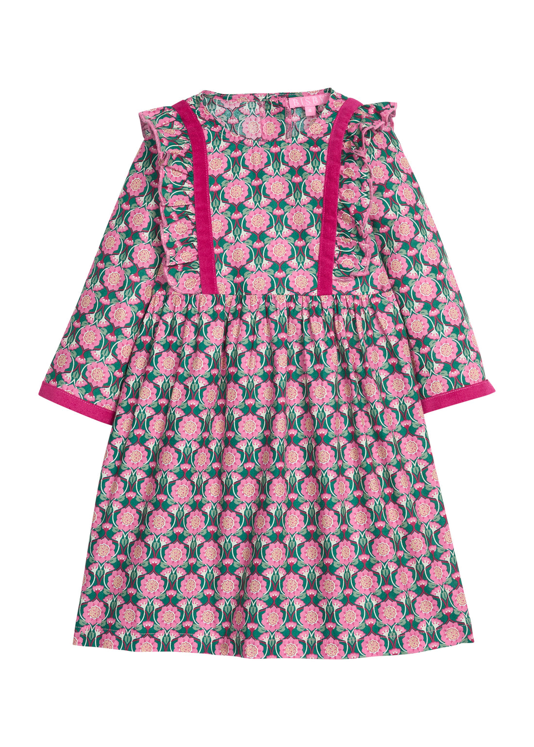 Girls/tween woven 3/4 length sleeve dress in a green/pink floral pattern. Dress features button closures at back, ruffle detail along outside of bust, and a cranberry velvet trim detail along ruffles and sleeve ends to elevate the look. 