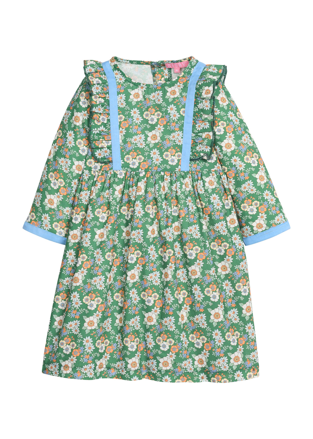 Girls/tween woven 3/4 length sleeve dress in a green/blue/orange floral pattern. Dress features button closures at back, ruffle detail along outside of bust, and a blue velvet  trim detail along ruffles and sleeve ends to elevate the look. 