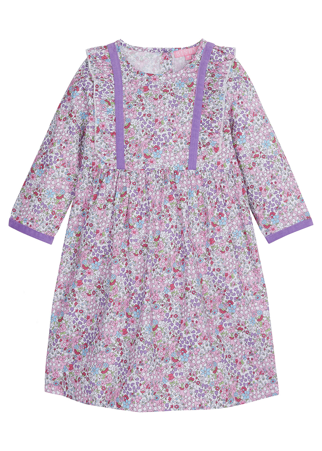 Dress with mainly purple and pink floral pattern, has ruffles around bust area and purple trim around the cuffs of dress--PortoDress for girls BISBY
