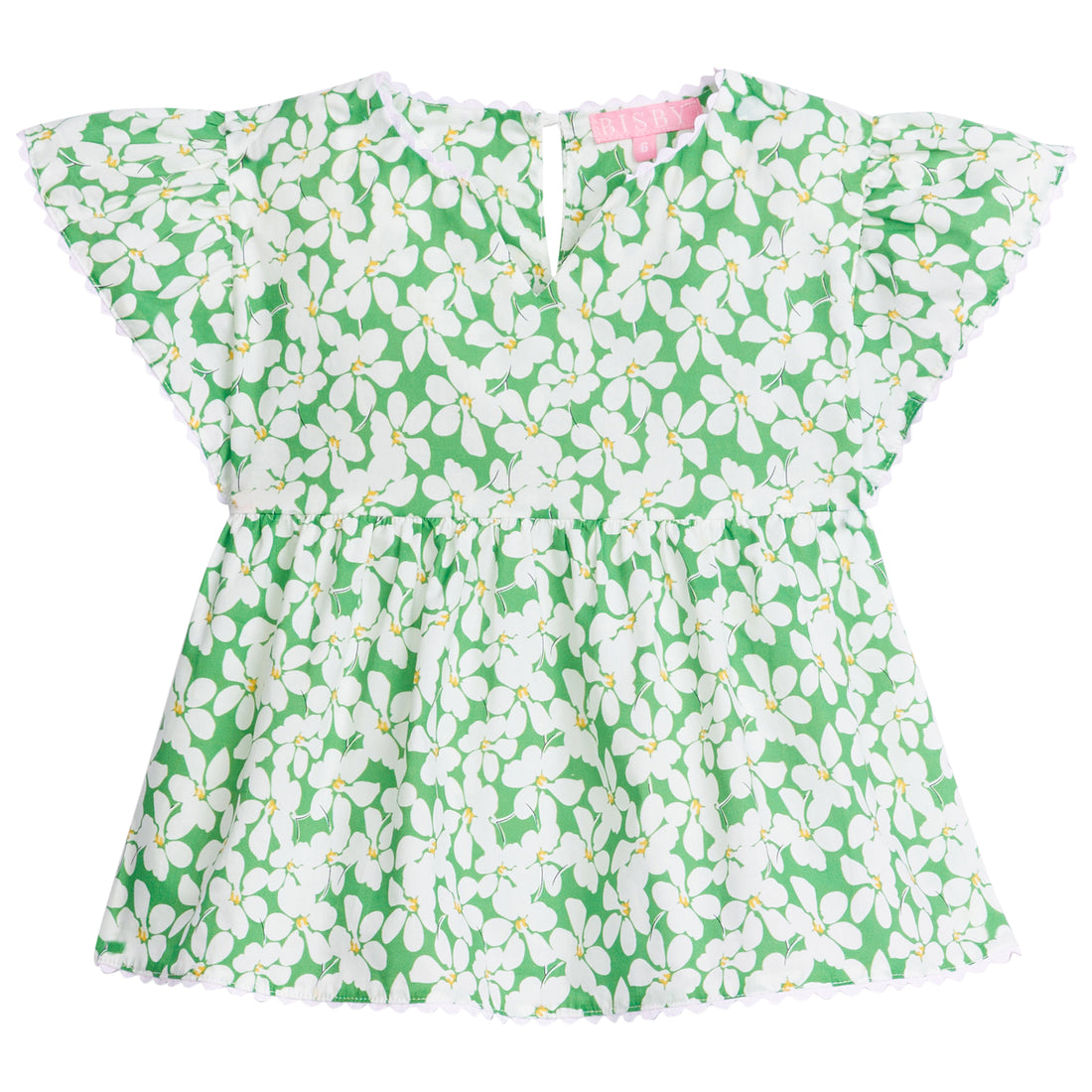 Girl/tween v-neck top with white scallop trim on sleeve and bottom of top. Has a green background with white flowers with yellow centers printed on top.