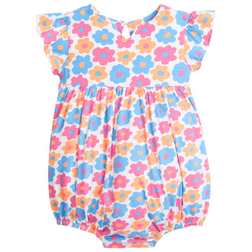 Baby girl bubble with ruffle/angel sleeves and slight v-neck neckline and blue, pink, and orange flowers printed across it. 