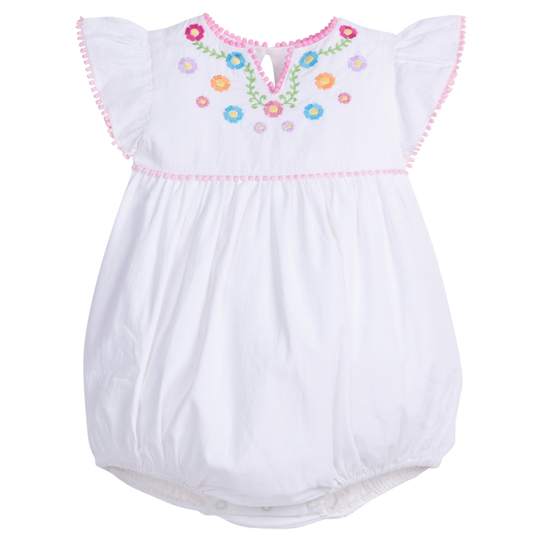 Baby girl woven bubble with ruffle/angel sleeves and slight v-neck neckline and multi-color flowers printed across the top. The bust-line and sleeves are also lined with pink pom poms and there are button closures along the stride. 