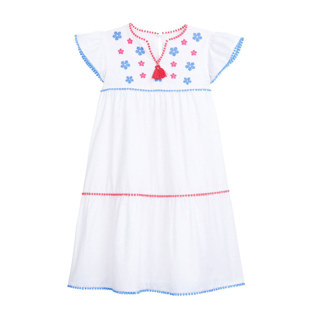 tween girls white tiered dress with blue and red embroidery detail on chest and tassels 