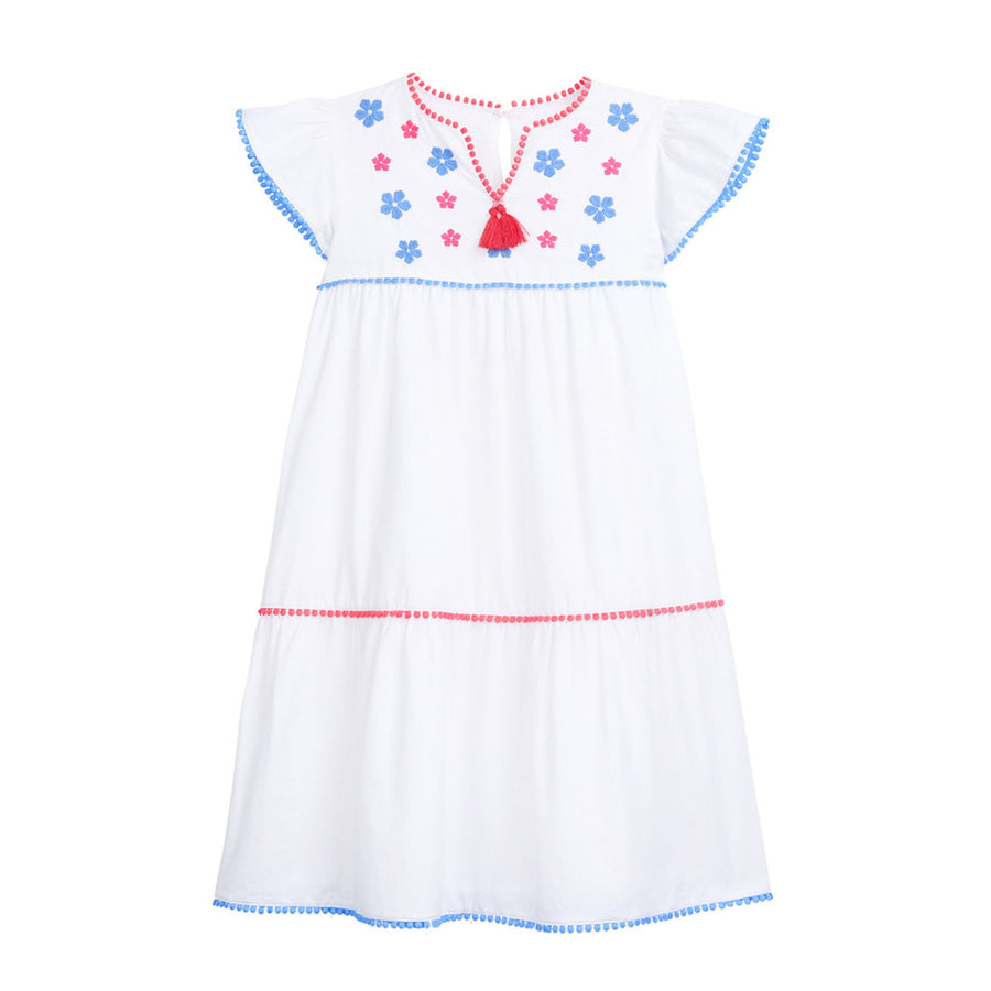 tween girls white tiered dress with blue and red embroidery detail on chest and tassels 