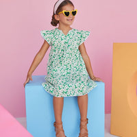 BISBY Positano dress is piccadilly lawn print in green and yellow and white. 