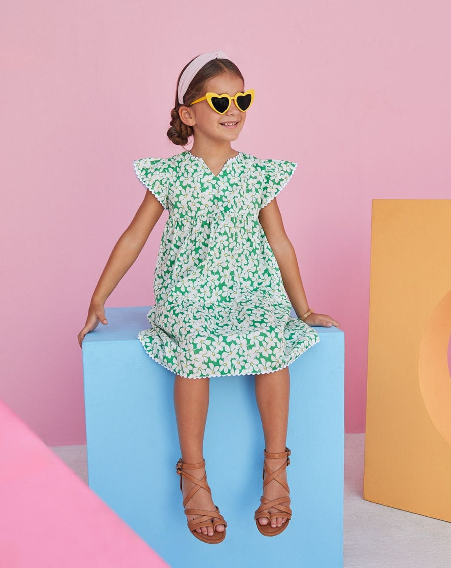 BISBY Positano dress is piccadilly lawn print in green and yellow and white. 