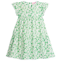 Tween/girl tiered dress with angel sleeves that has white scallop trim. Dress has green background and white floral print with yellow centers.