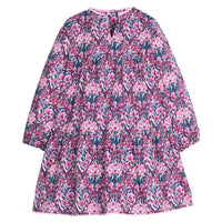 Girls/tween woven long sleeve dress in a navy/pink/cranberry color that features a slight v-neckline, ric rac detail along neckline and bottom tier of dress, and button closures along back of dress. 