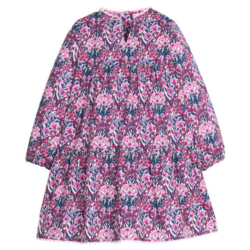 Girls/tween woven long sleeve dress in a navy/pink/cranberry color that features a slight v-neckline, ric rac detail along neckline and bottom tier of dress, and button closures along back of dress. 