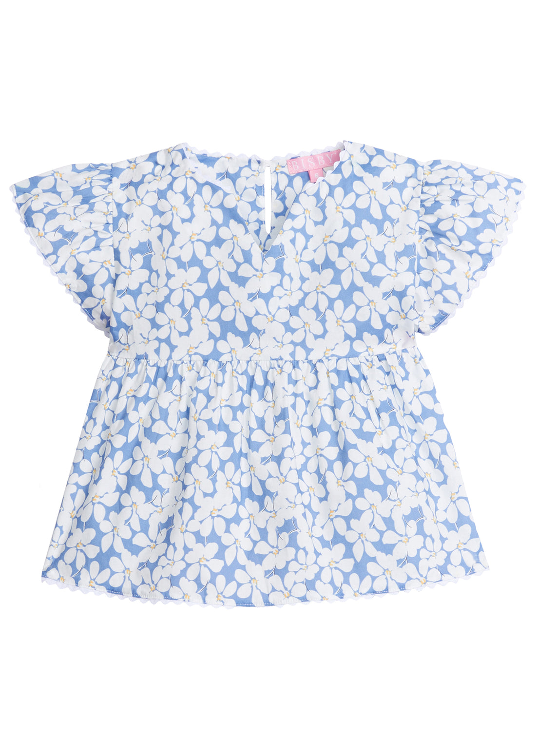 Girl/tween v-neck top with white scallop trim along sleeves and bottom of the top. Has a light blue background with white flowers with yellow centers printed on top.