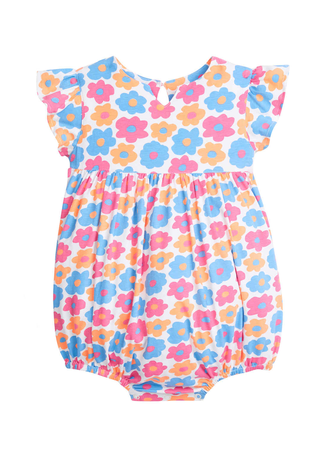 Baby girl bubble with ruffle/angel sleeves and slight v-neck neckline and blue, pink, and orange flowers printed across it.