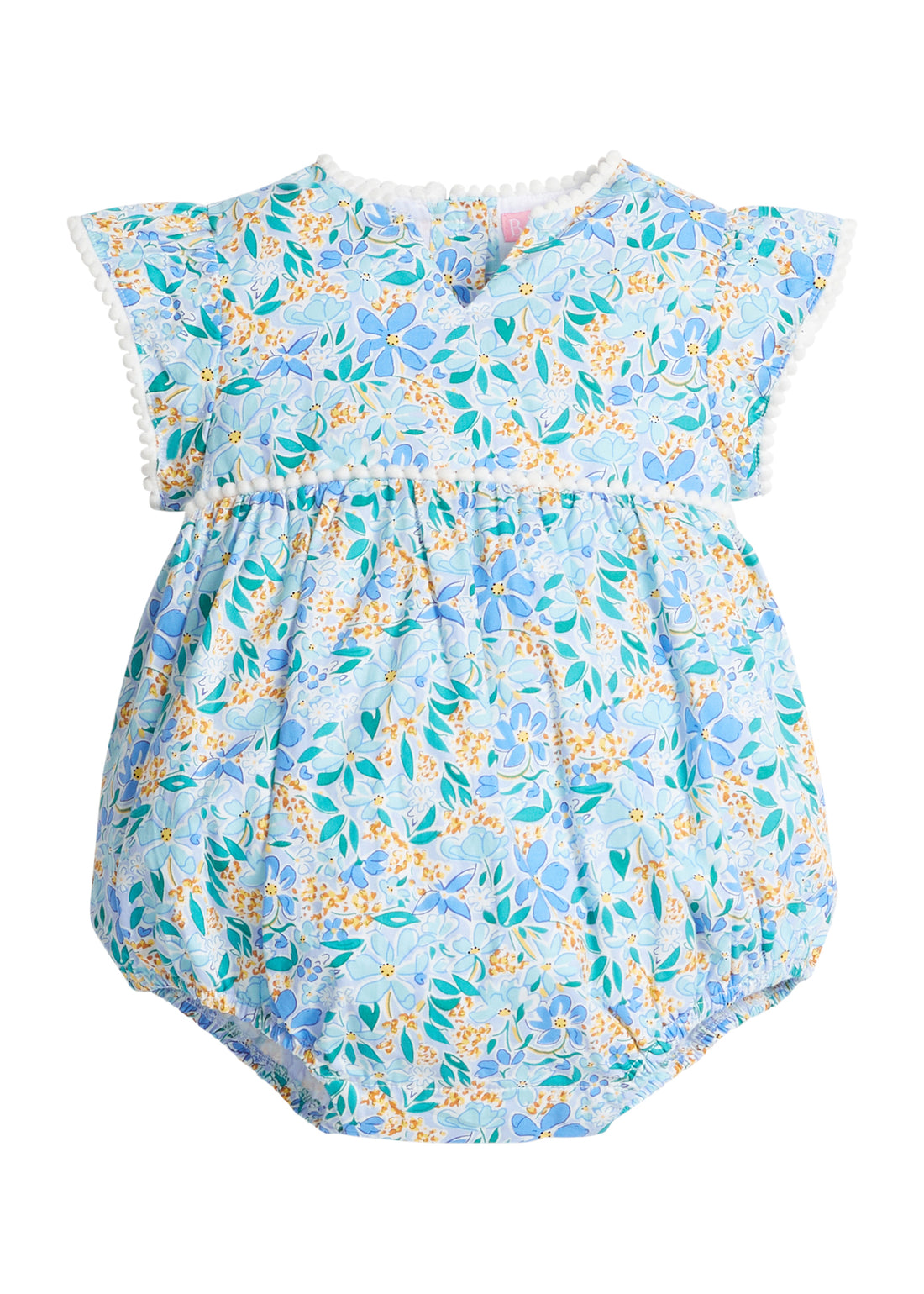Baby girl woven bubble with ruffle/angel sleeves and slight v-neck neckline and multi-color blue and yellow flowers printed across the body. The bust-line and sleeves are also lined with white pom poms and there are button closures along the stride. 