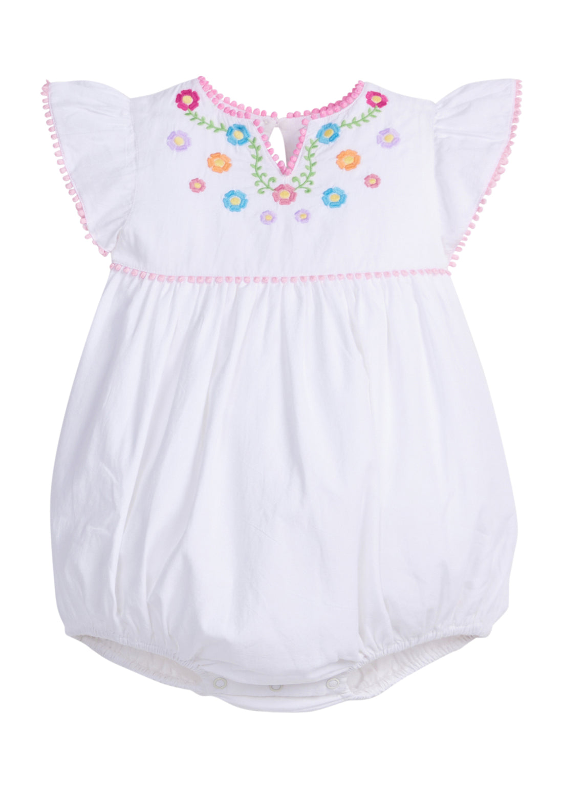 Baby girl woven bubble with ruffle/angel sleeves and slight v-neck neckline and multi-color flowers printed across the top. The bust-line and sleeves are also lined with pink pom poms and there are button closures along the stride. 