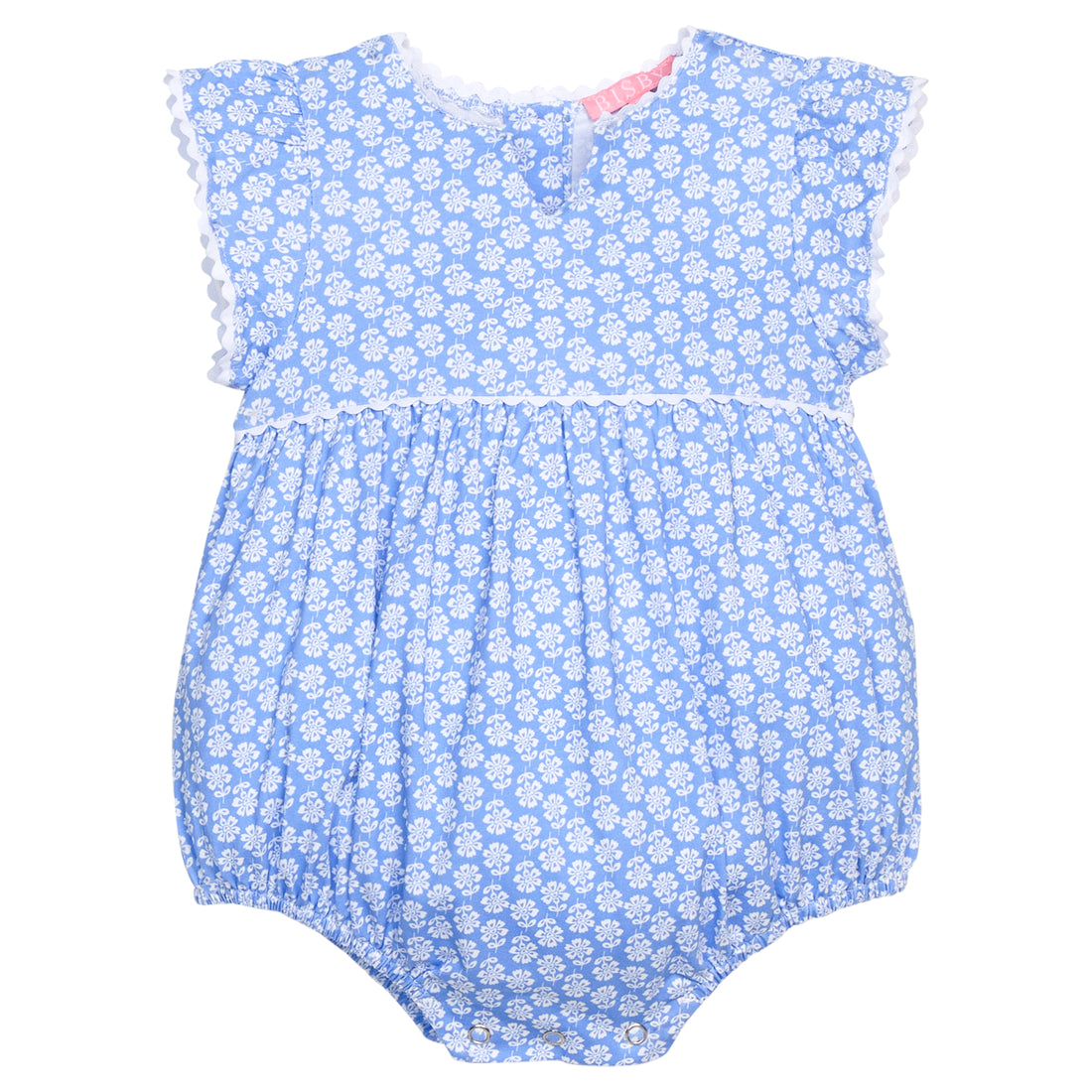 BISBY baby knit bubble in a blue and white floral print. Bubble features button closure along back and stride, white ric rac detail across the middle/bust area, and white ric rac detail along sleeve cuffs for an elevated look. 