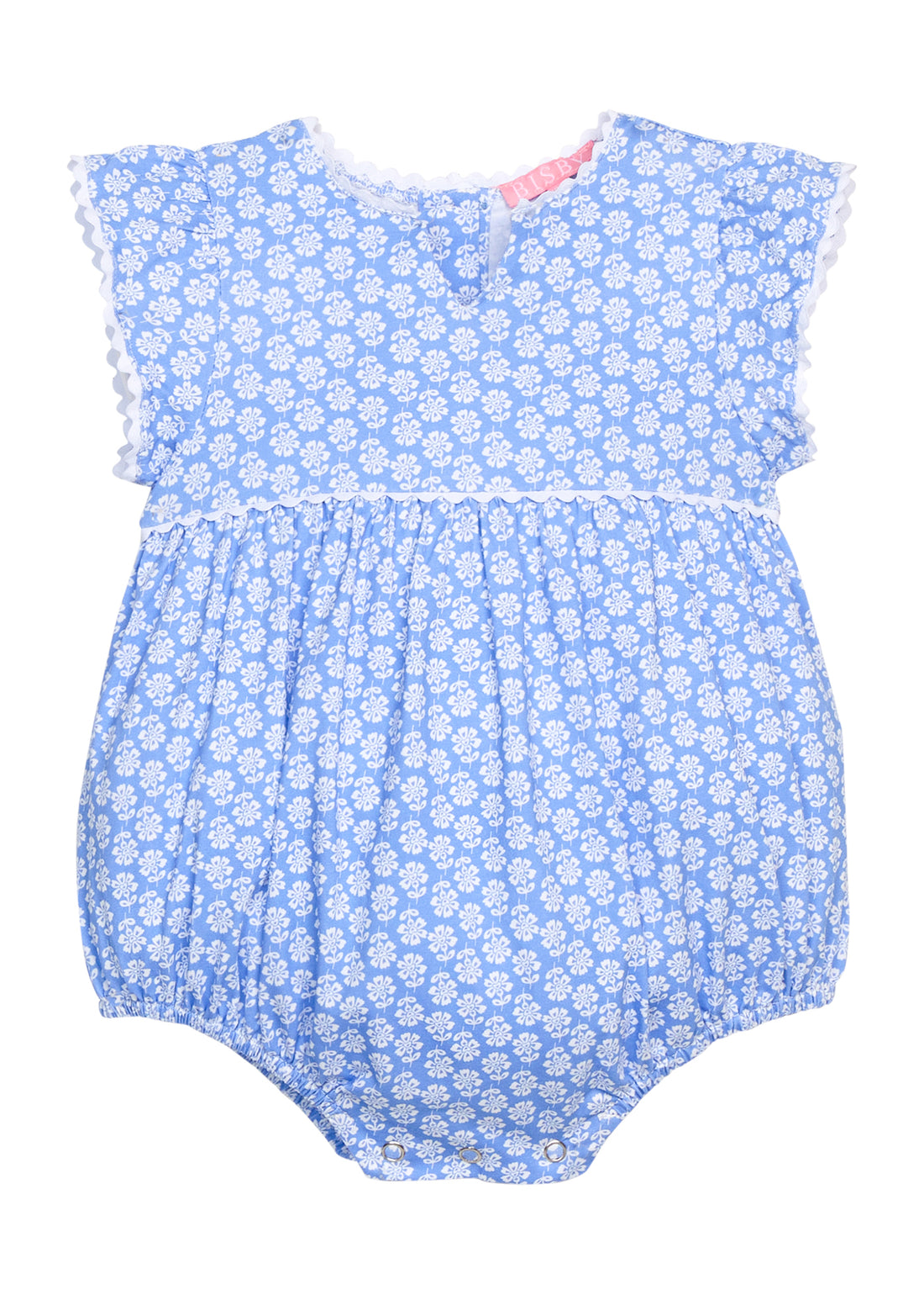 BISBY baby knit bubble in a blue and white floral print. Bubble features button closure along back and stride, white ric rac detail across the middle/bust area, and white ric rac detail along sleeve cuffs for an elevated look. 