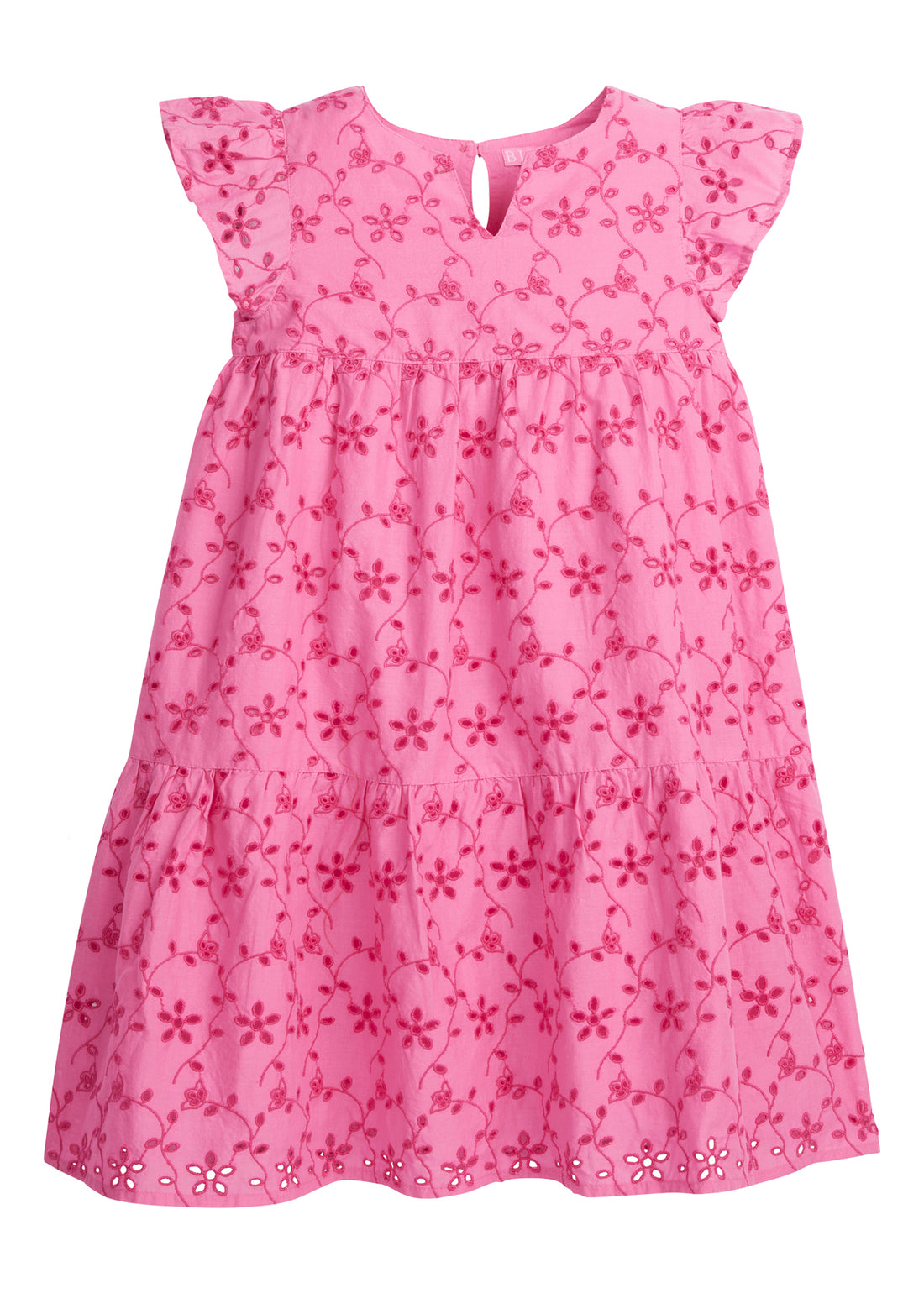 BISBY girl/tween dress featuring a gorgeous eyelet embroidery in hot pink. Dress has a button closure on the back making it easy to put on and off your sweet BISBY girl!