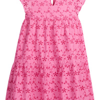 BISBY girl/tween dress featuring a gorgeous eyelet embroidery in hot pink. Dress has a button closure on the back making it easy to put on and off your sweet BISBY girl!