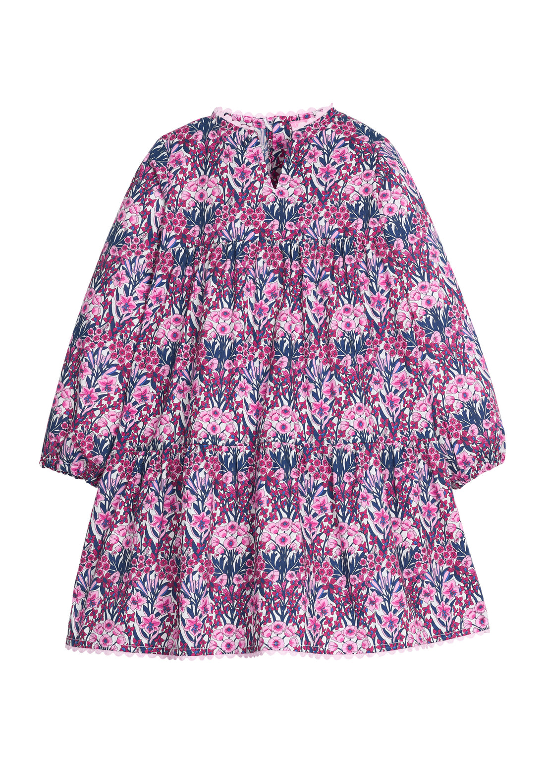 Girls/tween woven long sleeve dress in a navy/pink/cranberry color that features a slight v-neckline, ric rac detail along neckline and bottom tier of dress, and button closures along back of dress. 