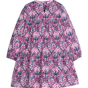 Girls/tween woven long sleeve dress in a navy/pink/cranberry color that features a slight v-neckline, ric rac detail along neckline and bottom tier of dress, and button closures along back of dress. 