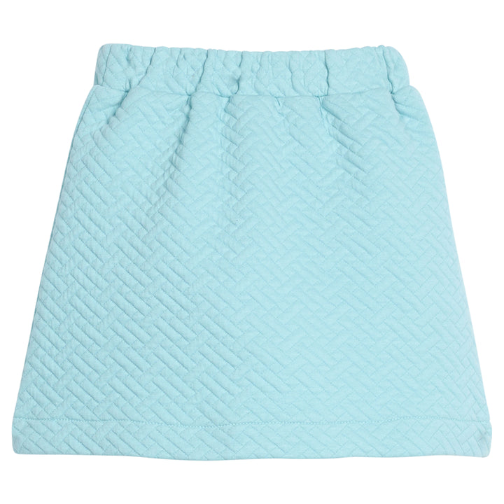 Girls/tween quilted mini skort in aqua that features an elastic waistband and built in shorts for a secure but relaxed fit. 