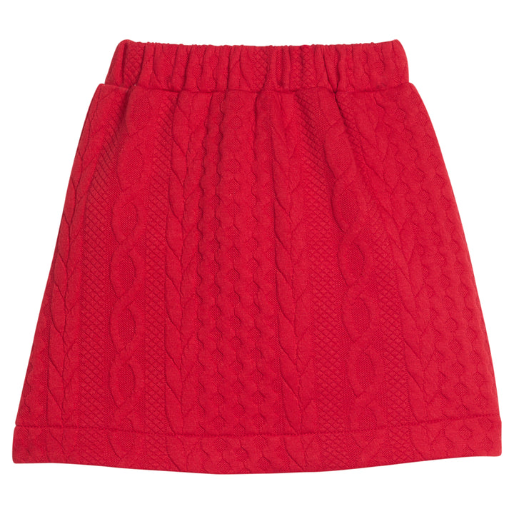 Girls/tween cable knit mini skort in cherry red that features an elastic waistband and built in shorts for a secure but relaxed fit. 