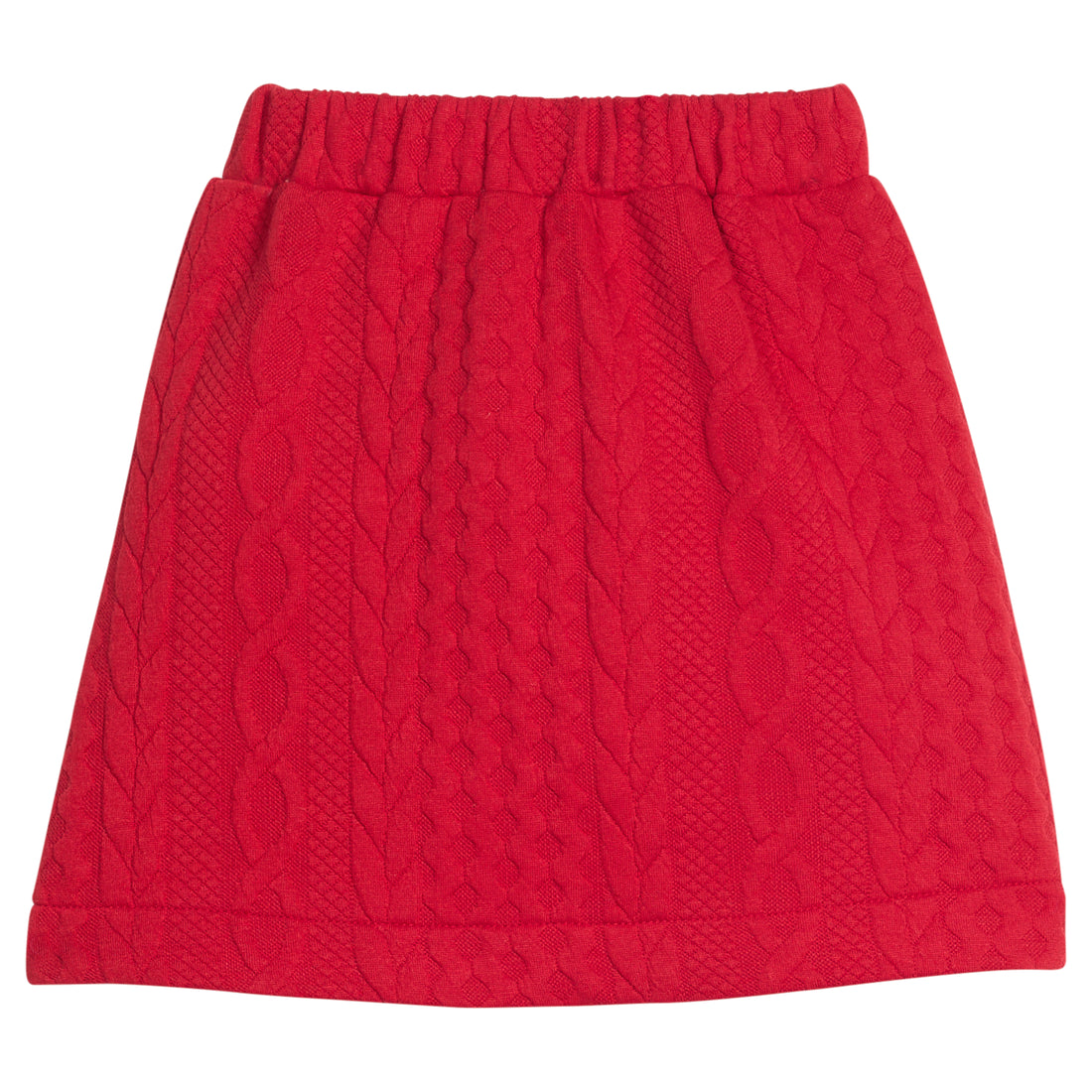 Girls/tween cable knit mini skort in cherry red that features an elastic waistband and built in shorts for a secure but relaxed fit. 