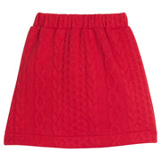 Girls/tween cable knit mini skort in cherry red that features an elastic waistband and built in shorts for a secure but relaxed fit. 