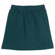 Girls/tween cable knit mini skort in emerald green that features an elastic waistband and built in shorts for a secure but relaxed fit. 