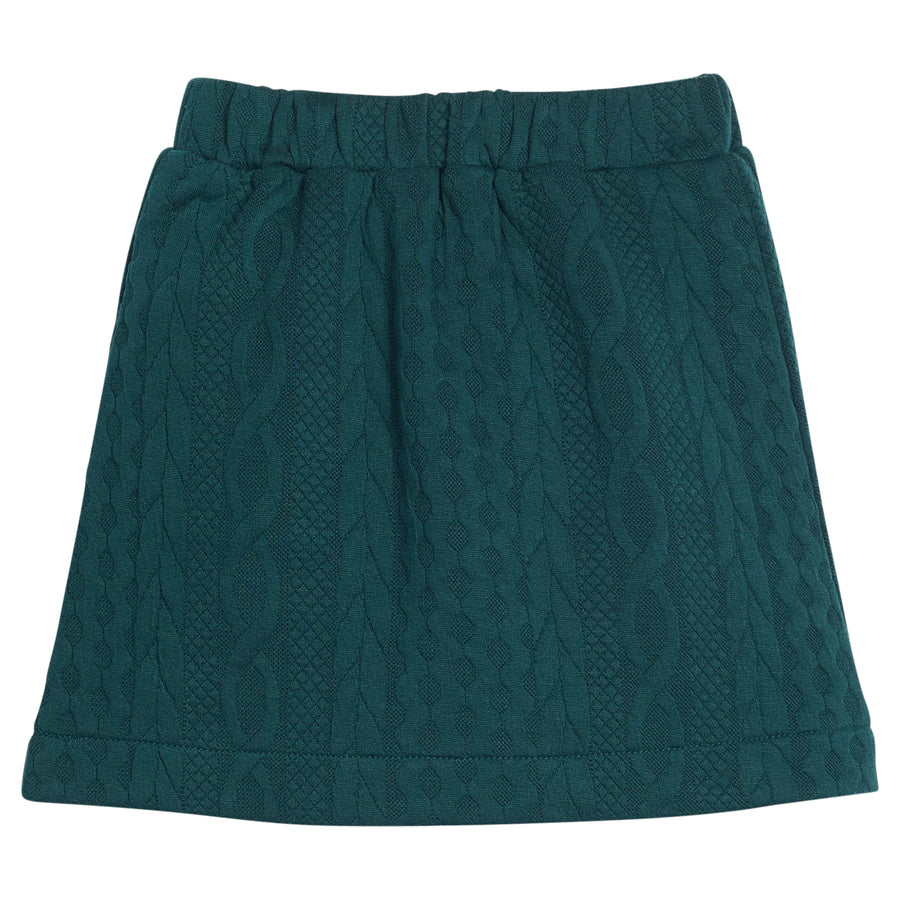 Girls/tween cable knit mini skort in emerald green that features an elastic waistband and built in shorts for a secure but relaxed fit. 