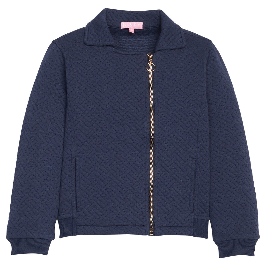 Girls/tween navy quilted jacket with a gold zipper and functional pockets. 