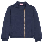 Girls/tween navy quilted jacket with a gold zipper and functional pockets. 