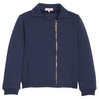 Girls/tween navy quilted jacket with a gold zipper and functional pockets. 