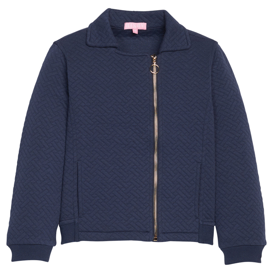 Girls/tween navy quilted jacket with a gold zipper and functional pockets. 