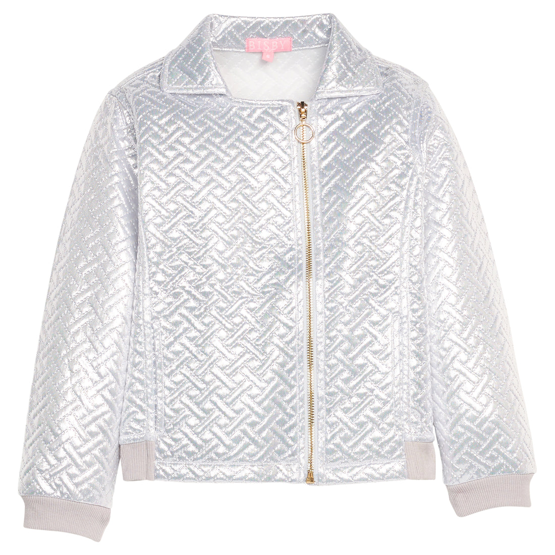 Girls/tween silver quilted jacket with a gold zipper and functional pockets. 