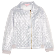 Girls/tween silver quilted jacket with a gold zipper and functional pockets. 