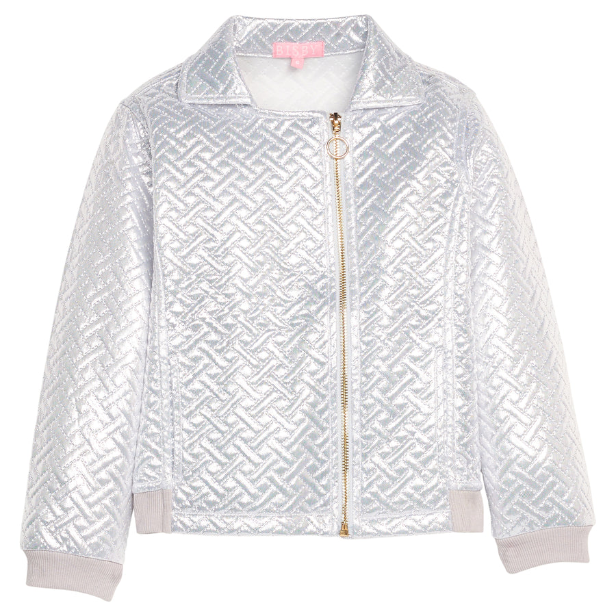 Girls/tween silver quilted jacket with a gold zipper and functional pockets. 