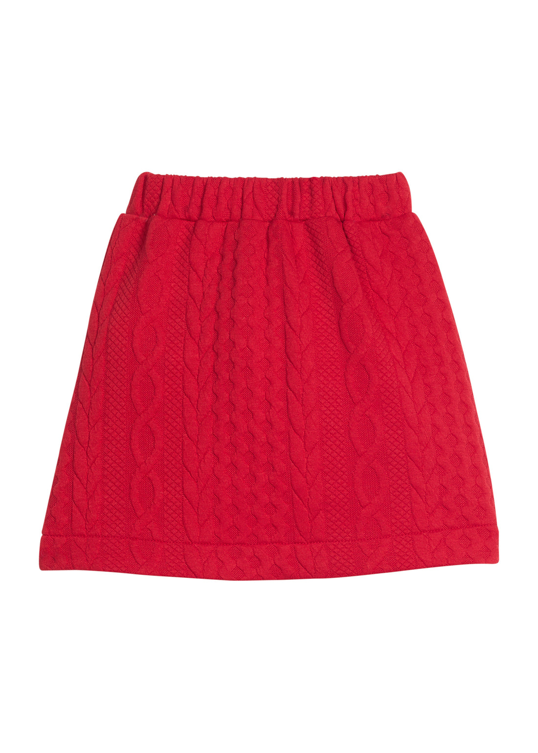 Girls/tween cable knit mini skort in cherry red that features an elastic waistband and built in shorts for a secure but relaxed fit. 