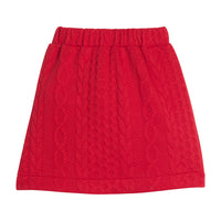 Girls/tween cable knit mini skort in cherry red that features an elastic waistband and built in shorts for a secure but relaxed fit. 