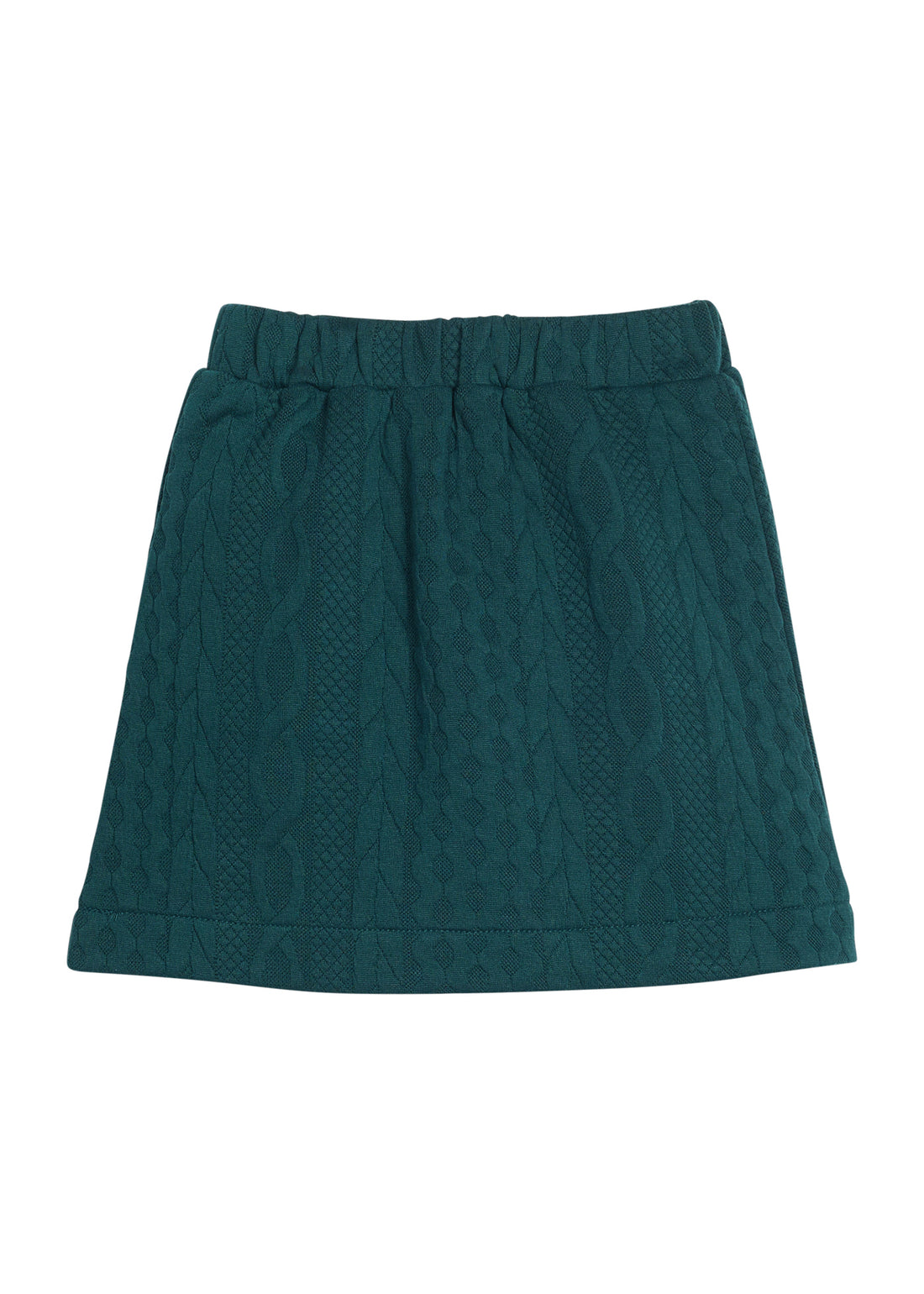 Girls/tween cable knit mini skort in emerald green that features an elastic waistband and built in shorts for a secure but relaxed fit. 