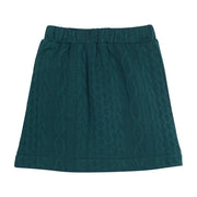 Girls/tween cable knit mini skort in emerald green that features an elastic waistband and built in shorts for a secure but relaxed fit. 