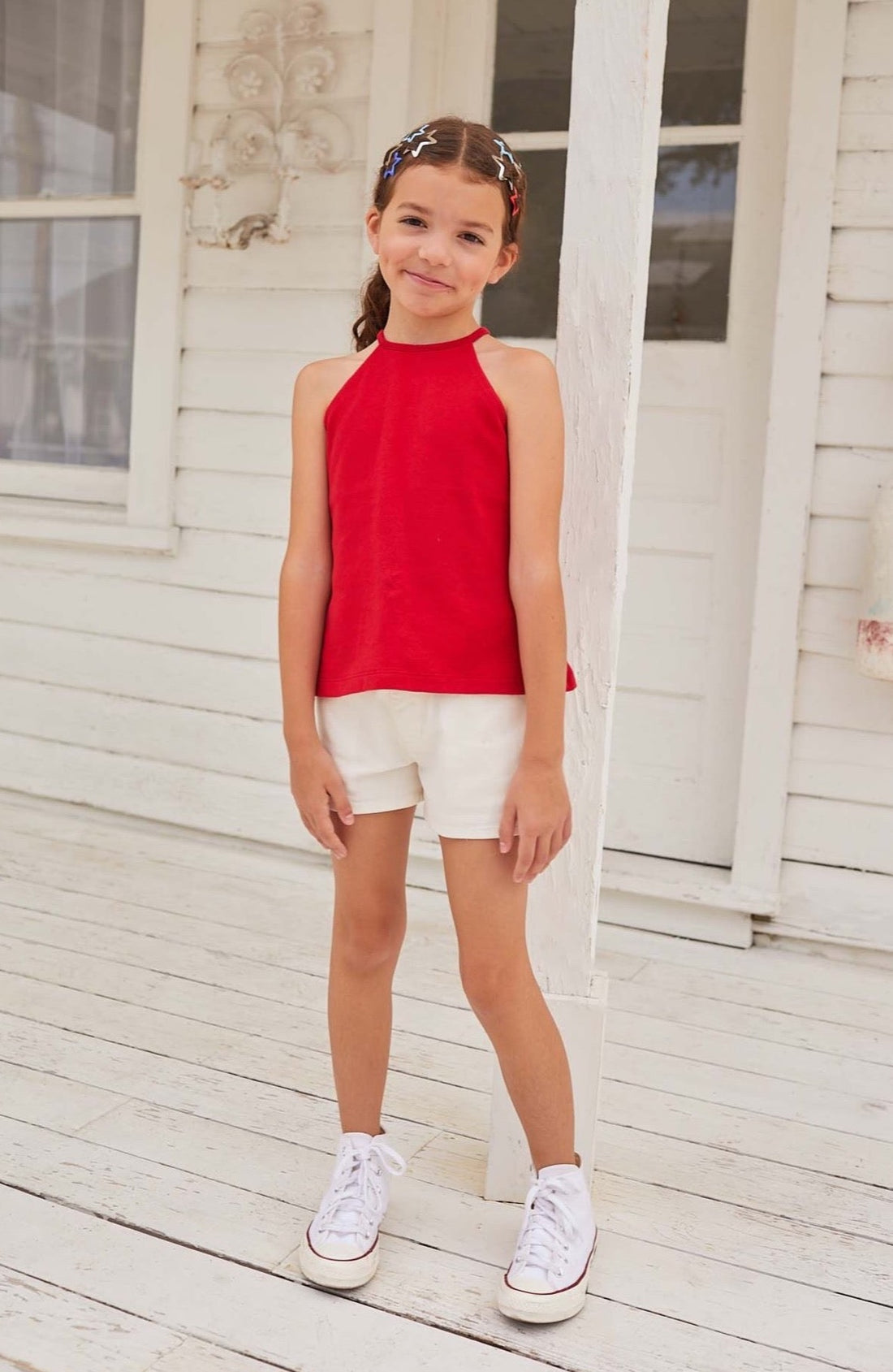 white denim shorts for girls with red halter top Fourth of July outfit for girls