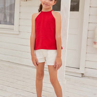white denim shorts for girls with red halter top Fourth of July outfit for girls