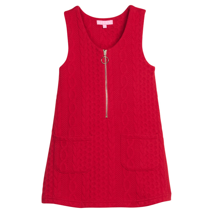 Girls/tween cable knit jumper in cherry red that features functional pockets in front of jumper and gold quarter zip sweater for an elevated look.